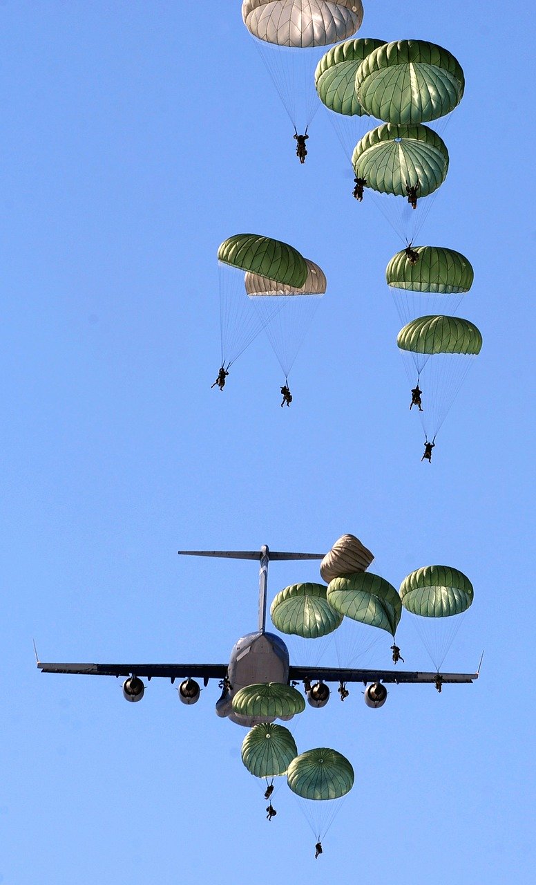 parachutes, parachutists, plane